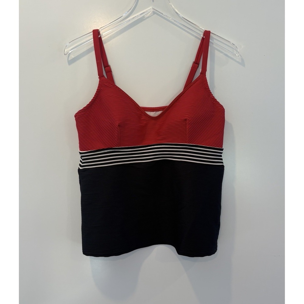 Lands End Womens Red Navy Ribbed Striped Tankini Swim Top Adjustable Straps 0092